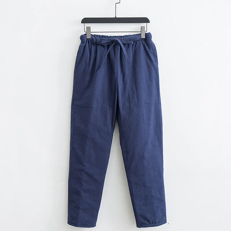 Buddha Stones Winter Solid Men's Drawstring Cotton Fleece Lined Pants With Pockets