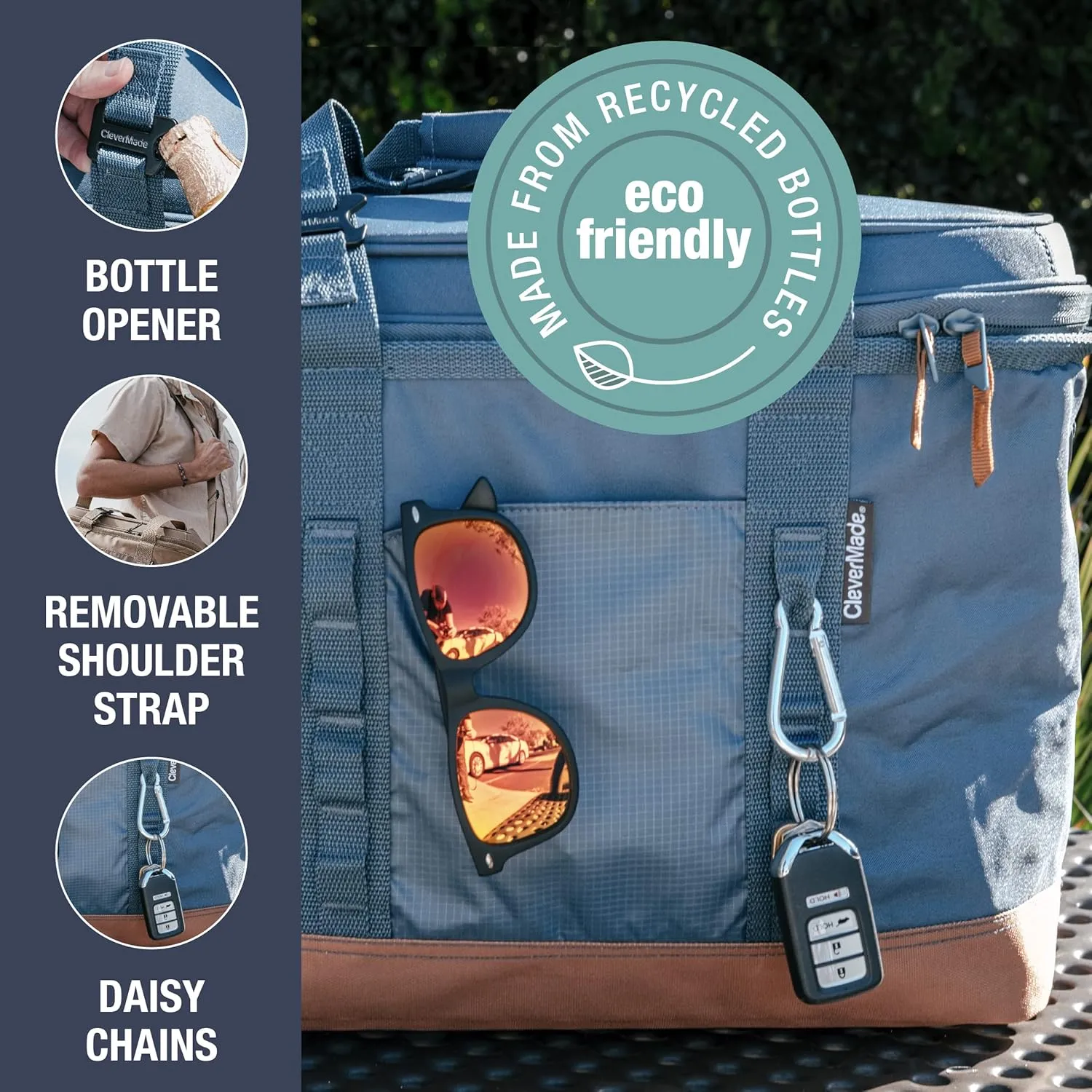 CleverMade Collapsible Insulated Cooler Bag  30 Can Leakproof Soft Cooler for Beach, Travel, Car  Shoulder Strap, Bottle Opener  Ocean
