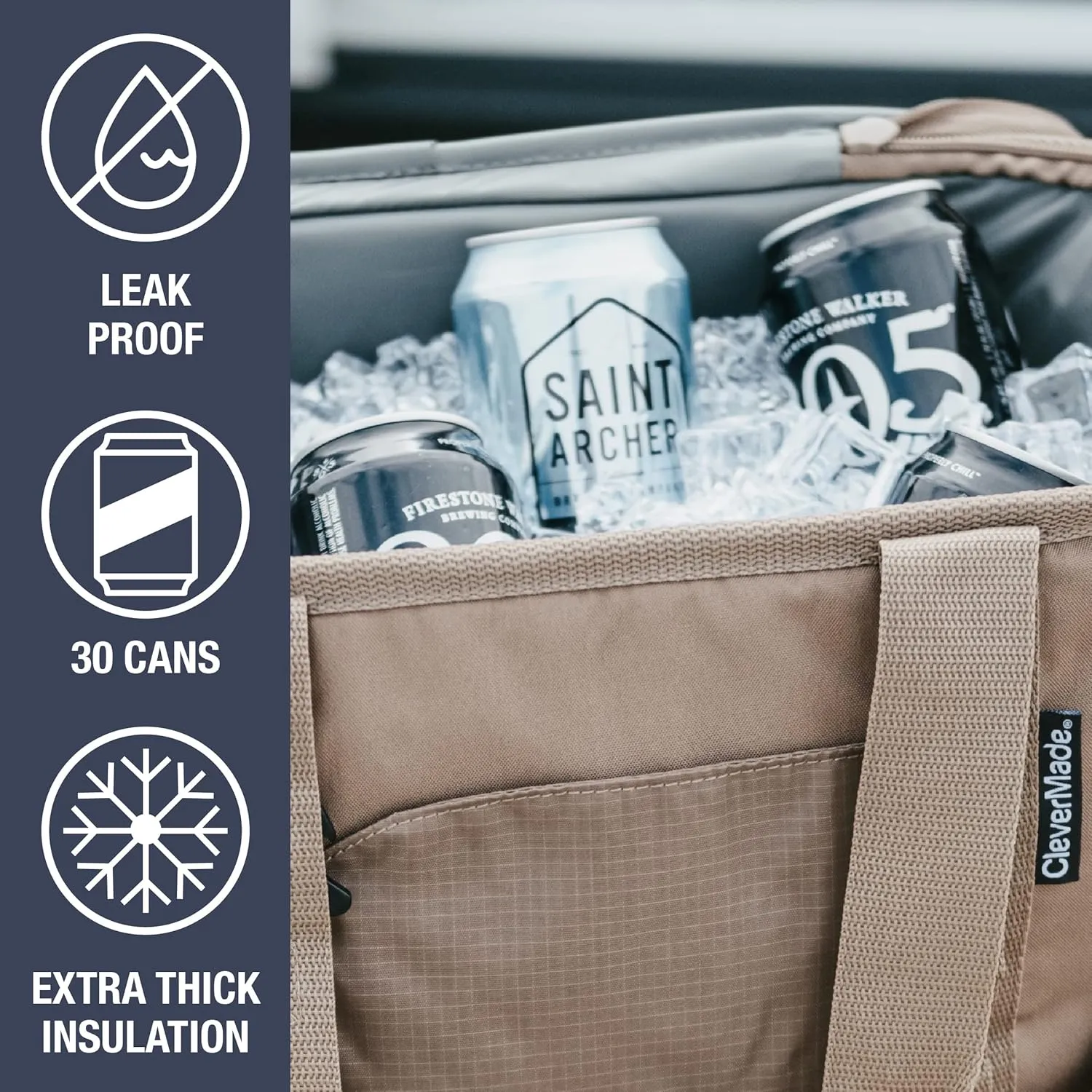 CleverMade Collapsible Insulated Cooler Bag  30 Can Leakproof Soft Cooler for Beach, Travel, Car  Shoulder Strap, Bottle Opener  Ocean