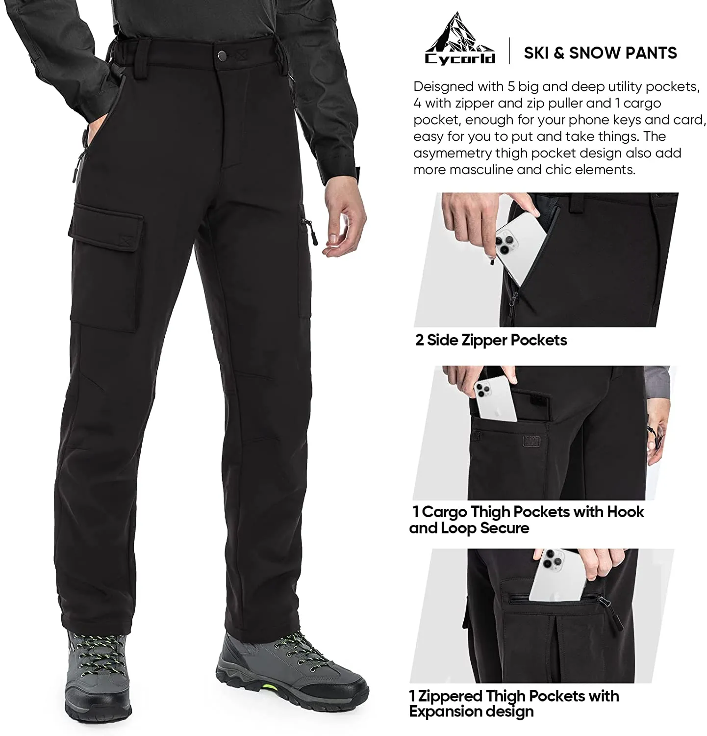 Cycorld Mens-Snow-Ski-Pants, Fleece-Lined Cold Weather Snowboarding Pants for Winter Hiking Outdoor