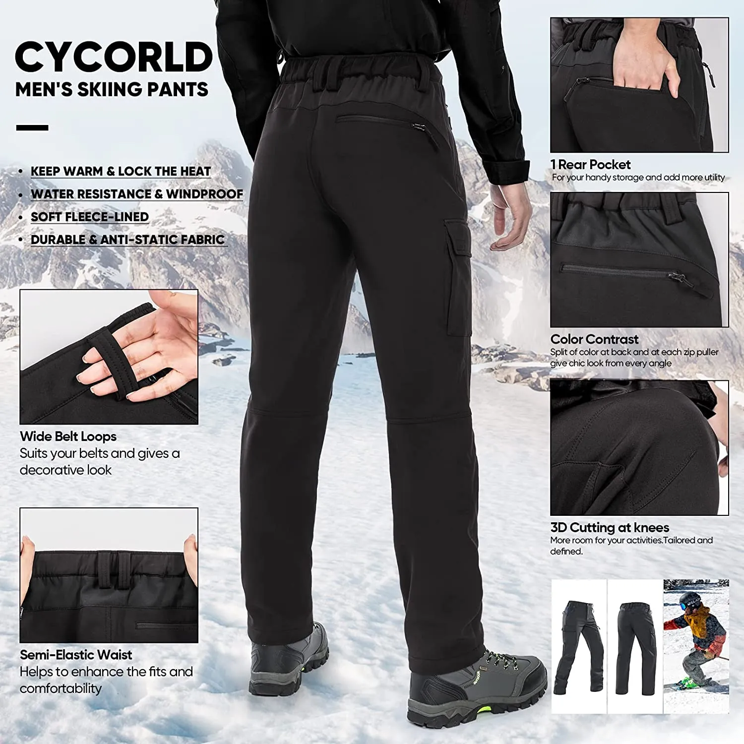 Cycorld Mens-Snow-Ski-Pants, Fleece-Lined Cold Weather Snowboarding Pants for Winter Hiking Outdoor