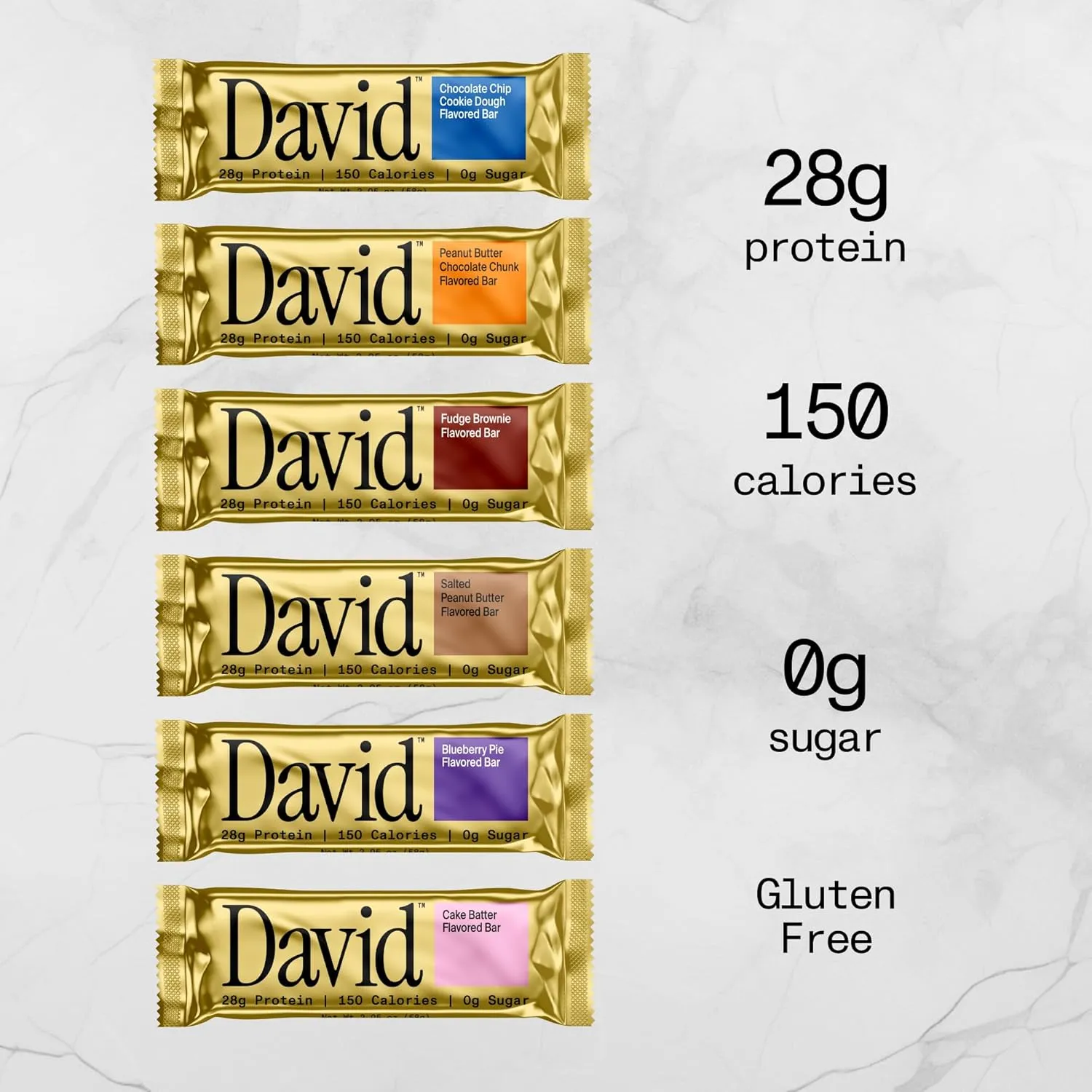 David High Protein Bars No Sugar - Sugar Free Protein Bars, Low Carb, Gluten Free - 28g of Protein, 150 Calories - David Bar On-The-Go Snack - Variety Pack (All Flavors), Pack of 6