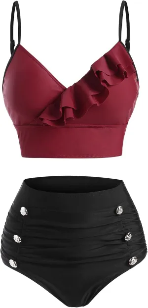 DRESSFO Women's High Waisted Bikini Sets Two Piece Padded Retro Vintage Tummy Control Swimsuit Gothic Bathing Suit