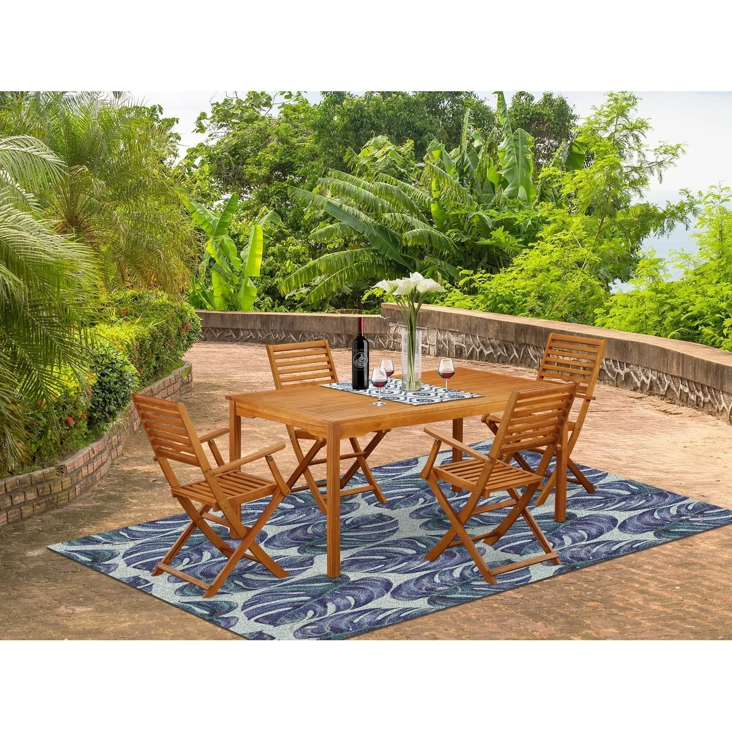 East West Furniture CMBS5CANA 5 Piece Patio Dining Set Includes a Rectangle Outdoor Acacia Wood Table and 4 Folding Arm Chairs, 36x66 Inch, Natural Oil