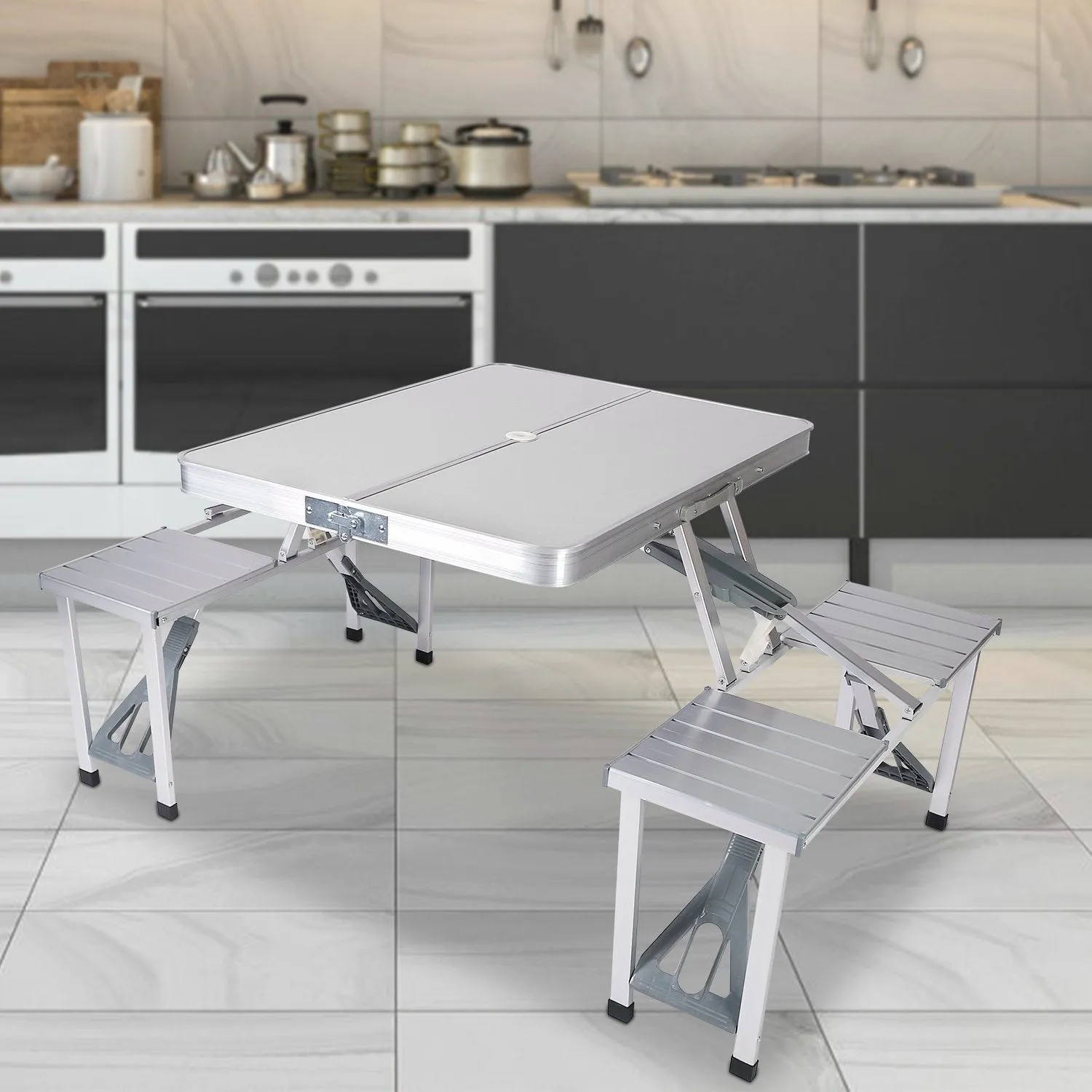 Folding Picnic Table with 4 Seats and Umbrella Hole