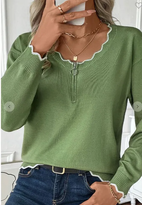 Green round  neck scallop zipper top