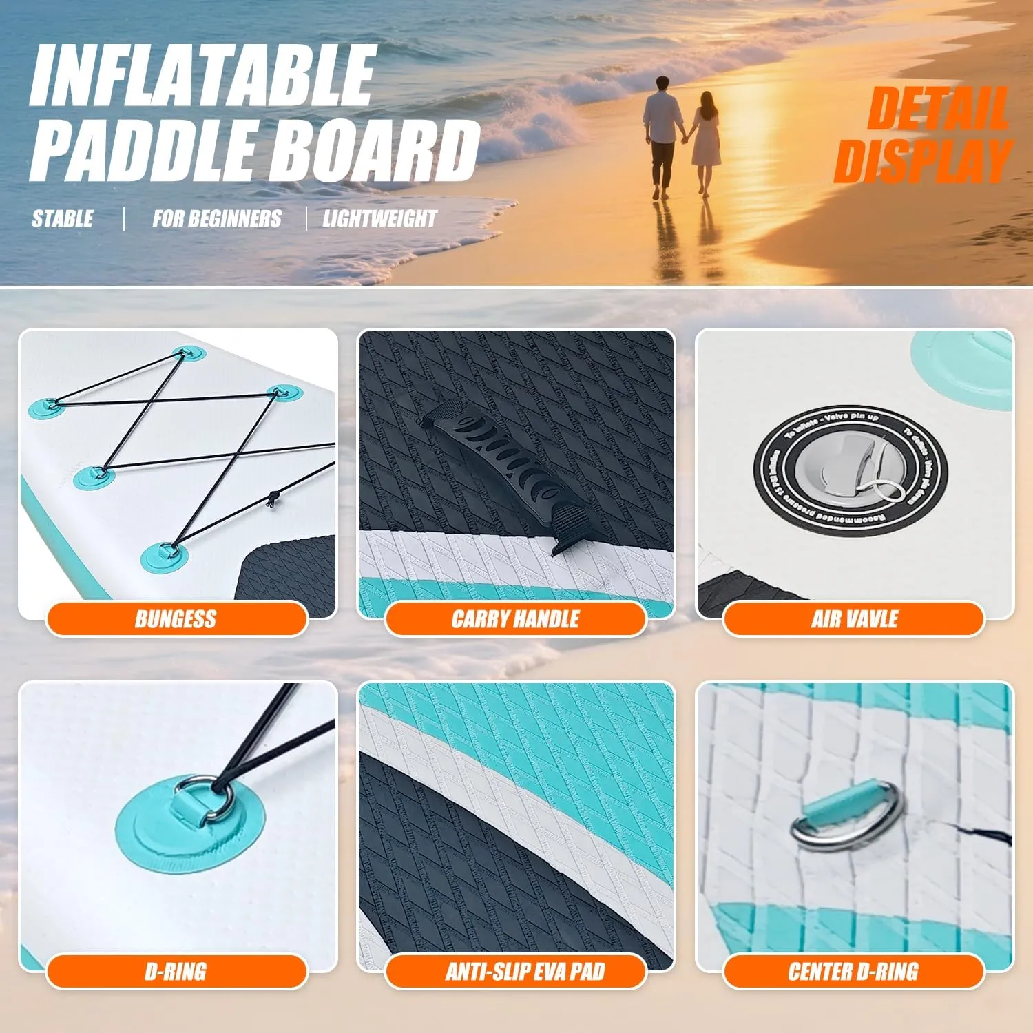 Inflatable Stand Up Paddle Board 10ft - Foldable SUP with Adjustable Paddle, Pump, Backpack, Leash, 3 Fins & Repair Kit for Yoga, Fishing, Travel