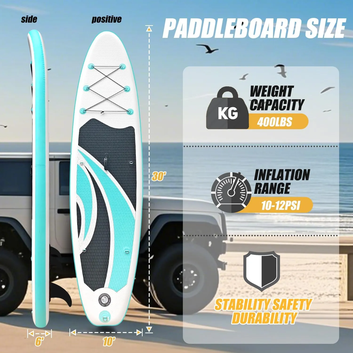 Inflatable Stand Up Paddle Board 10ft - Foldable SUP with Adjustable Paddle, Pump, Backpack, Leash, 3 Fins & Repair Kit for Yoga, Fishing, Travel