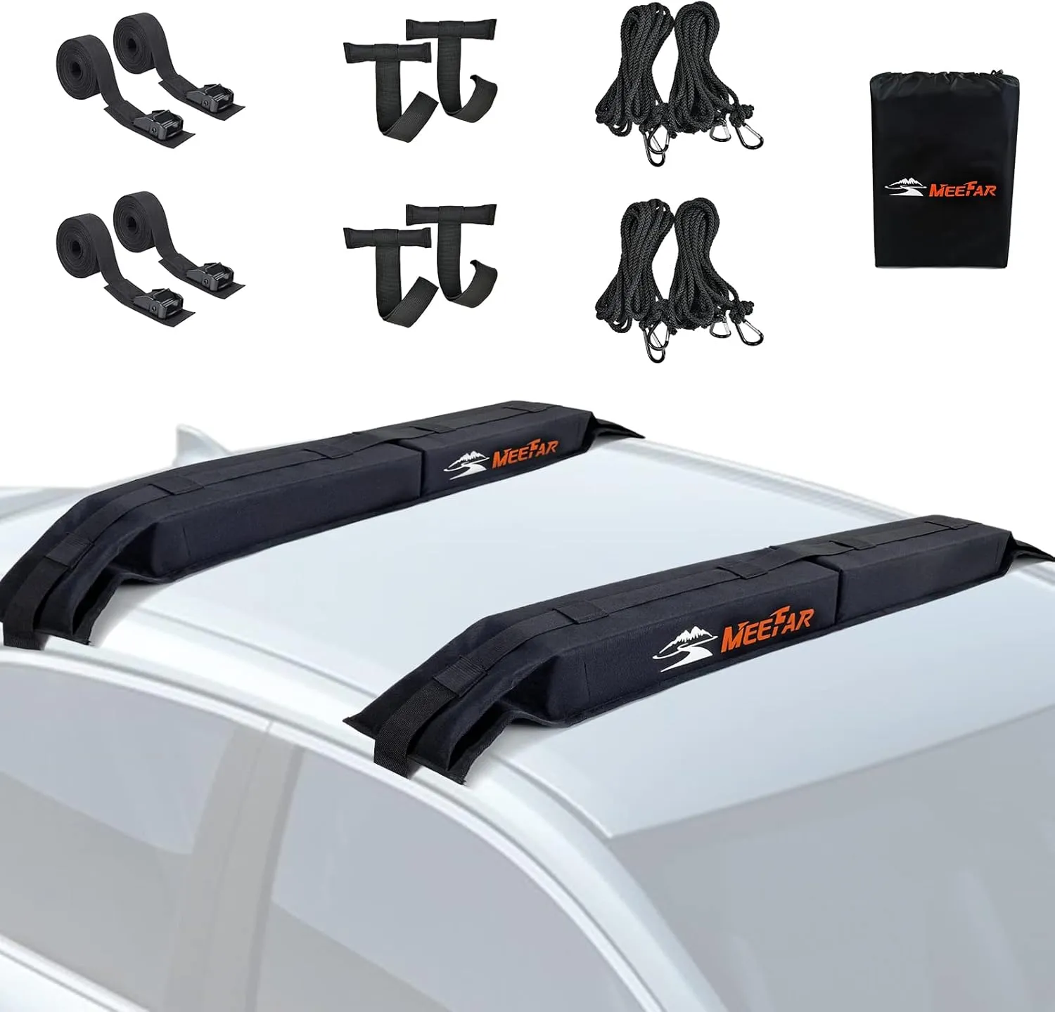 MeeFar Universal Car Soft Roof Rack Pads Luggage Carrier System for Kayak Surfboard SUP Canoe Include 2 Heavy Duty Tie Down Straps, 4 Tie Down Rope, 4 Quick Loop Strap and Storage Bag