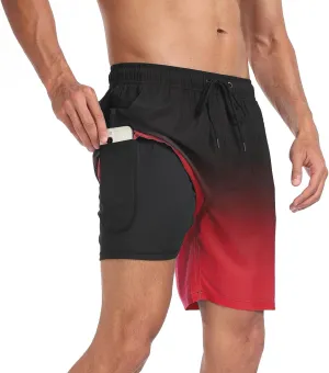 Mens Swim Trunks with Compression Liner 7 inch Inseam Quick Dry 2 in 1 Beach Board Shorts with Pockets S-3XL