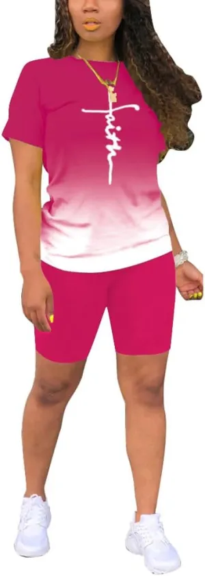 PINSV Women's 2 Piece Outfits Summer Printing Bodycon Short Pants Workout Sets