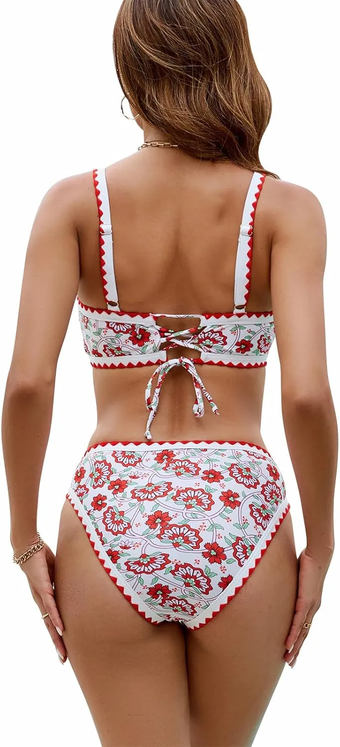 SEAFORM Women Two Piece High Waisted Bikini Set Boho Floral Print Swimsuit Tummy Control Bathing Suits Sexy Vintage Swimwear