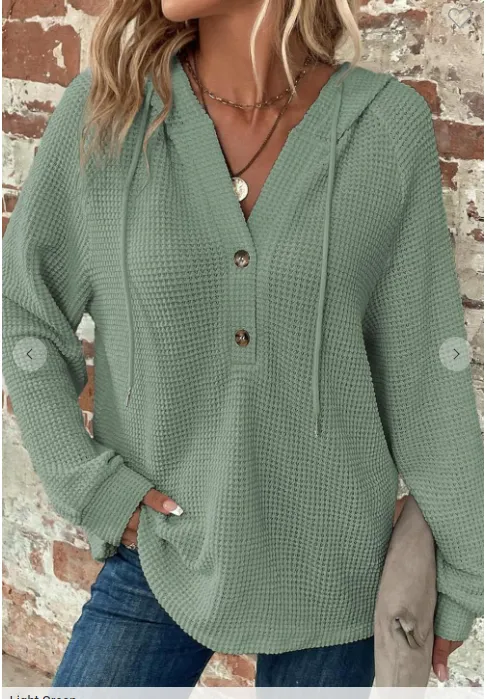 V-neck Waffle Button Long Sleeve  Hoodie
