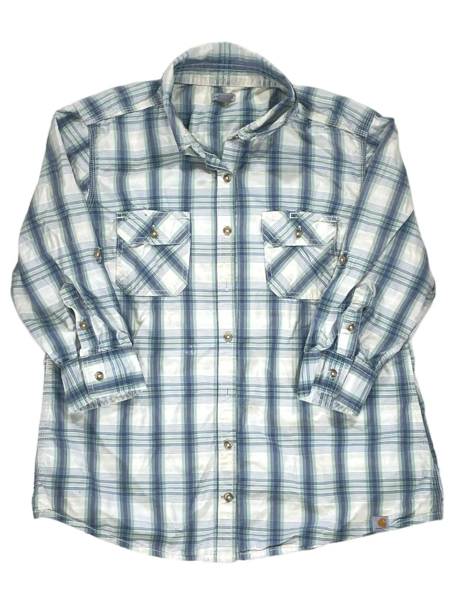 Womens 3/4 Sleeve Plaid Button Up