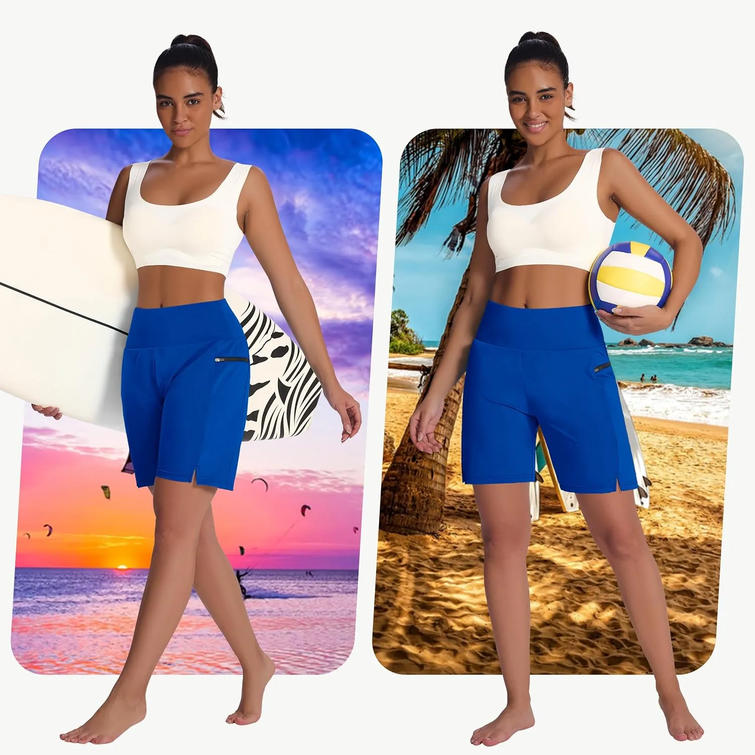 Women's 7" Long Swim Board Shorts - High Waisted Quick Dry Beach Swimming Swimsuit Bottom with Liner Zip Pockets UPF50