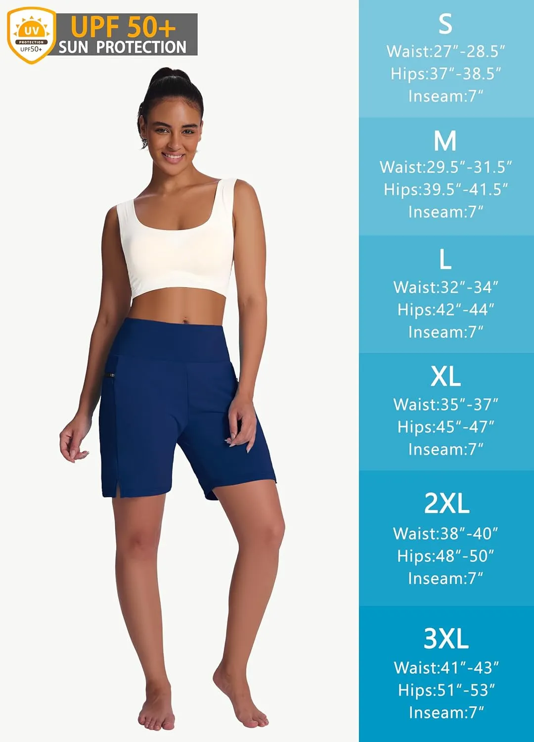 Women's 7" Long Swim Board Shorts - High Waisted Quick Dry Beach Swimming Swimsuit Bottom with Liner Zip Pockets UPF50