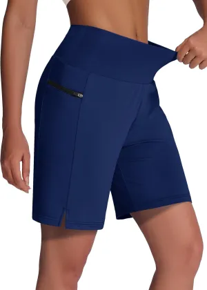 Women's 7" Long Swim Board Shorts - High Waisted Quick Dry Beach Swimming Swimsuit Bottom with Liner Zip Pockets UPF50