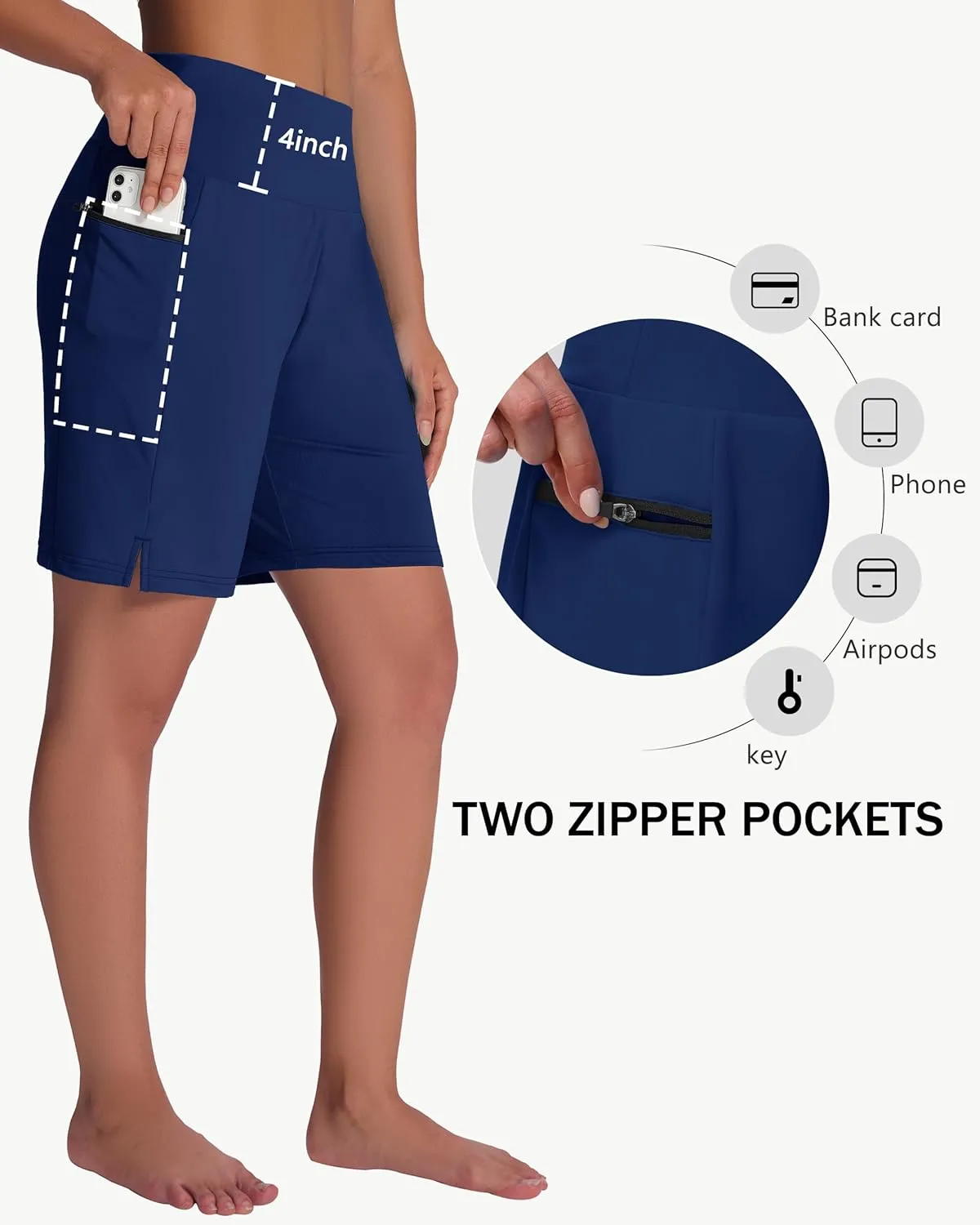 Women's 7" Long Swim Board Shorts - High Waisted Quick Dry Beach Swimming Swimsuit Bottom with Liner Zip Pockets UPF50