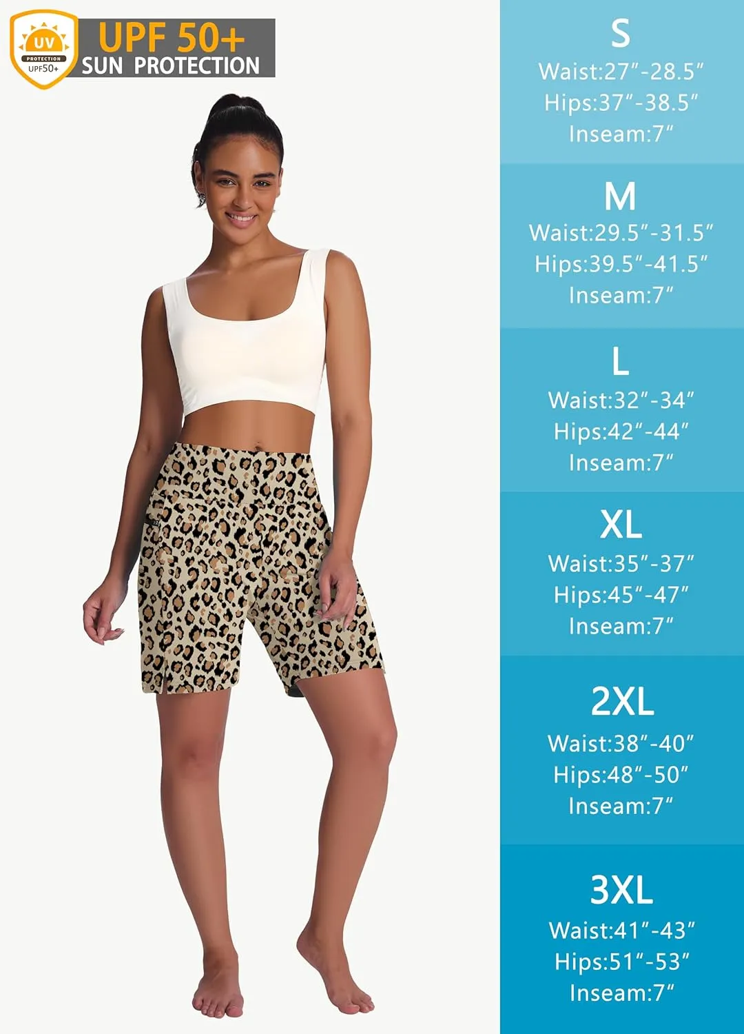 Women's 7" Long Swim Board Shorts - High Waisted Quick Dry Beach Swimming Swimsuit Bottom with Liner Zip Pockets UPF50