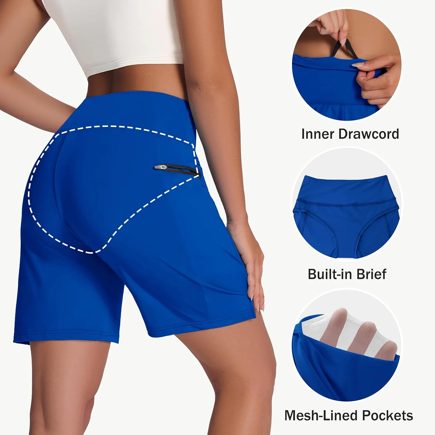 Women's 7" Long Swim Board Shorts - High Waisted Quick Dry Beach Swimming Swimsuit Bottom with Liner Zip Pockets UPF50