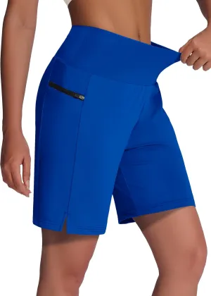 Women's 7" Long Swim Board Shorts - High Waisted Quick Dry Beach Swimming Swimsuit Bottom with Liner Zip Pockets UPF50