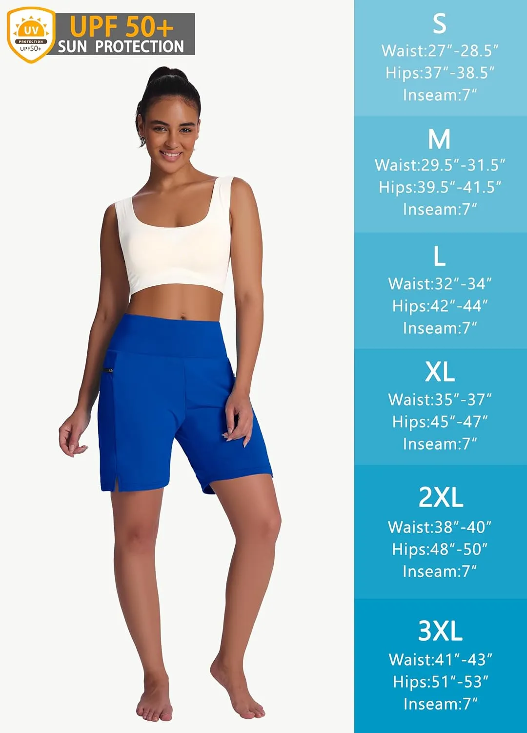 Women's 7" Long Swim Board Shorts - High Waisted Quick Dry Beach Swimming Swimsuit Bottom with Liner Zip Pockets UPF50