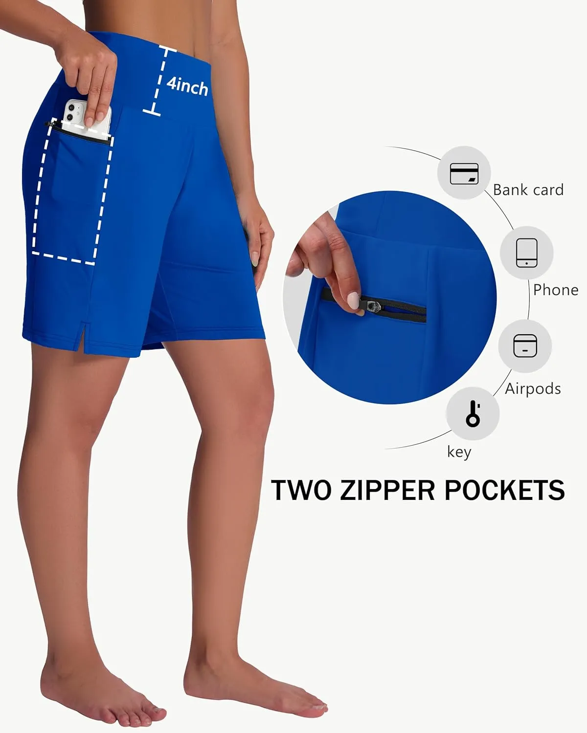 Women's 7" Long Swim Board Shorts - High Waisted Quick Dry Beach Swimming Swimsuit Bottom with Liner Zip Pockets UPF50