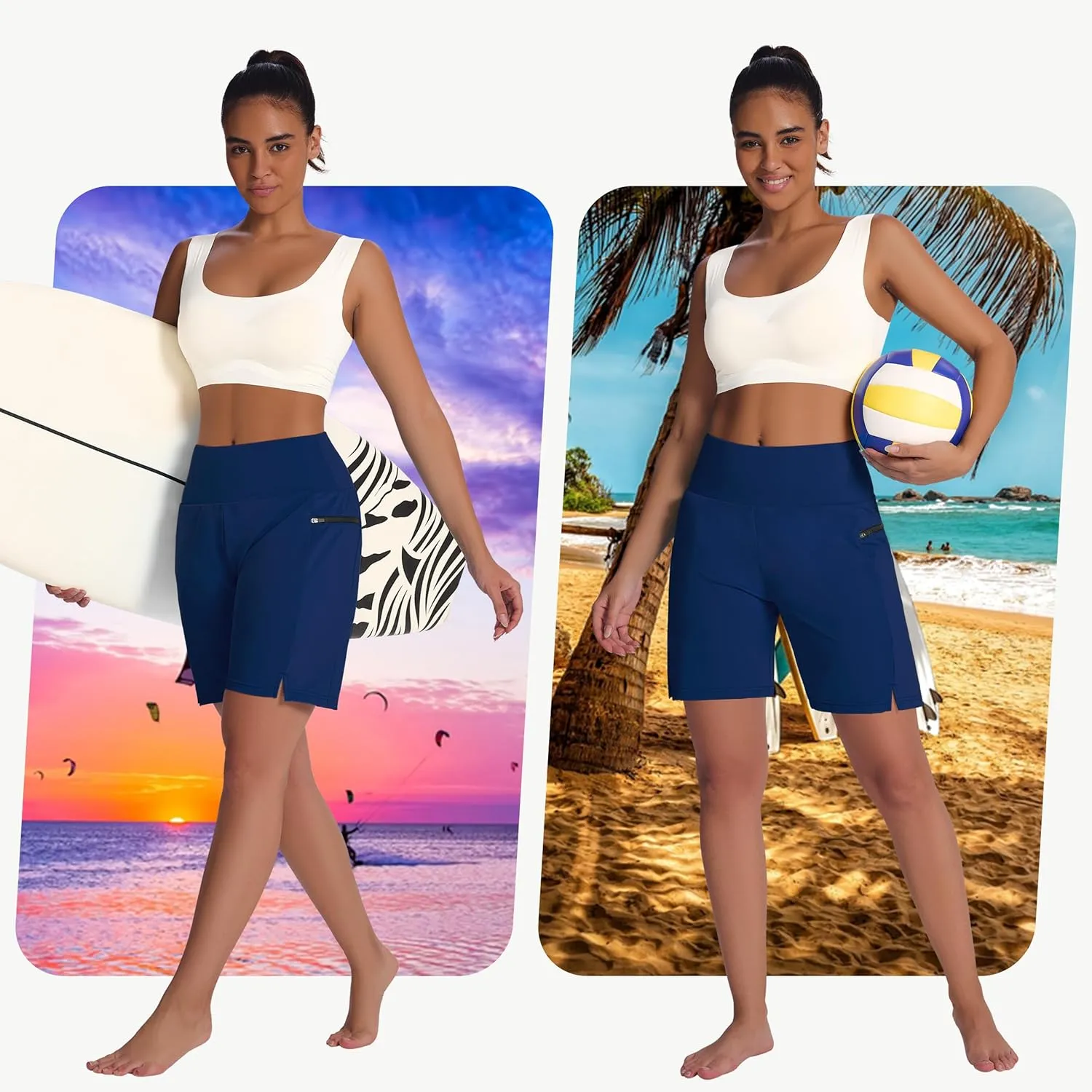 Women's 7" Long Swim Board Shorts - High Waisted Quick Dry Beach Swimming Swimsuit Bottom with Liner Zip Pockets UPF50