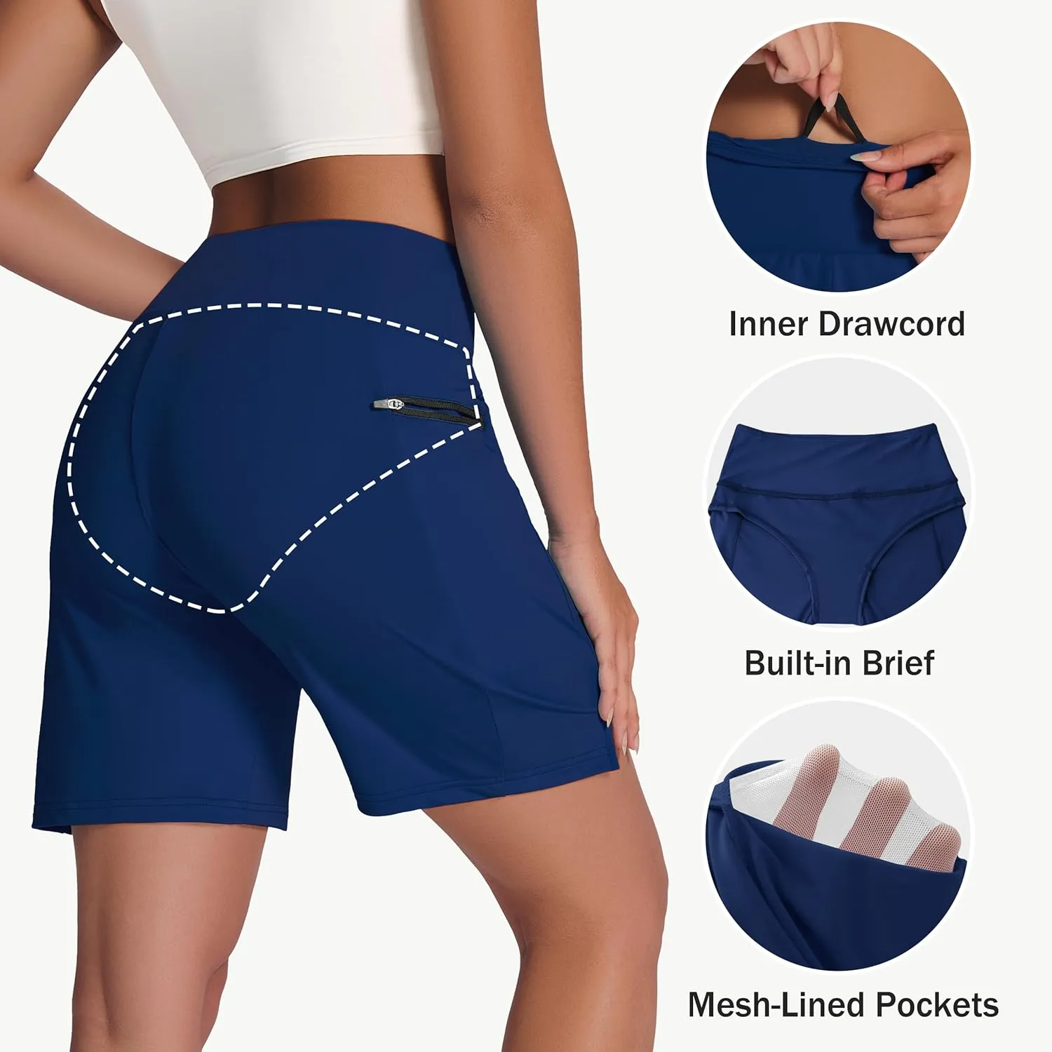 Women's 7" Long Swim Board Shorts - High Waisted Quick Dry Beach Swimming Swimsuit Bottom with Liner Zip Pockets UPF50