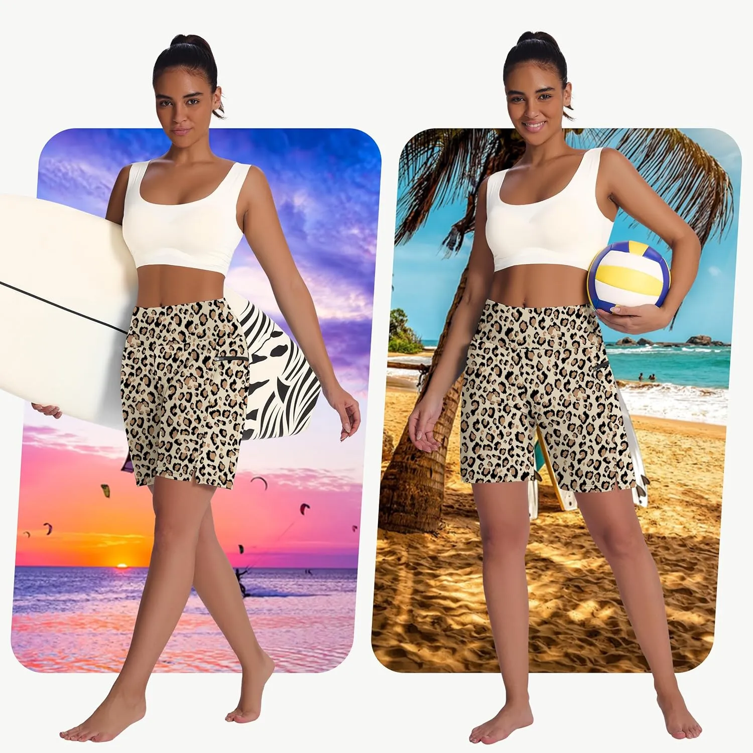 Women's 7" Long Swim Board Shorts - High Waisted Quick Dry Beach Swimming Swimsuit Bottom with Liner Zip Pockets UPF50