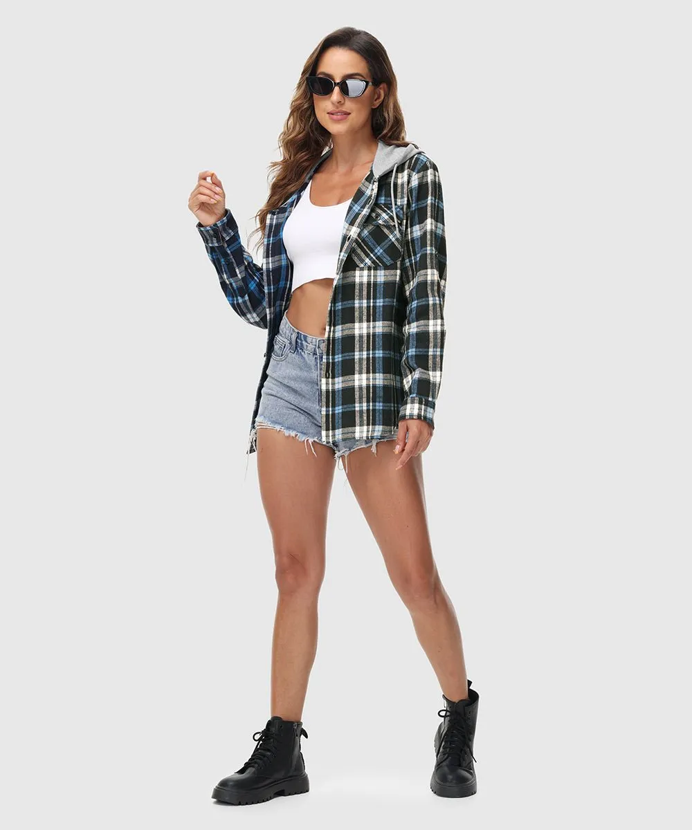 Women's Casual Buffalo Plaid Button Hooded Shirts