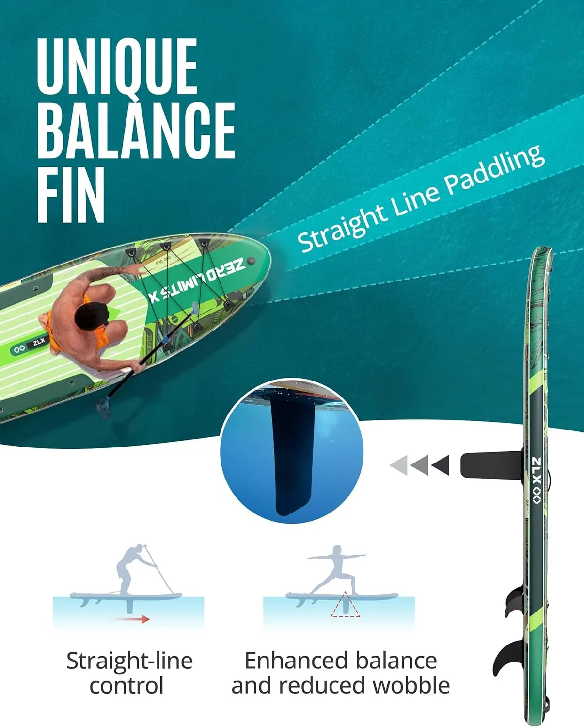 ZLX 10'6" Inflatable Stand Up Paddle Board, Extra Wide Stable Non-Slip Deck Pad, Unique Center Fin, Portable Paddleboard for Adults, Premium SUP for All Skill Levels